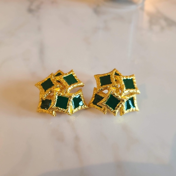 Vintage Layered Enamel Green Square Earrings - Picture 1 of 5